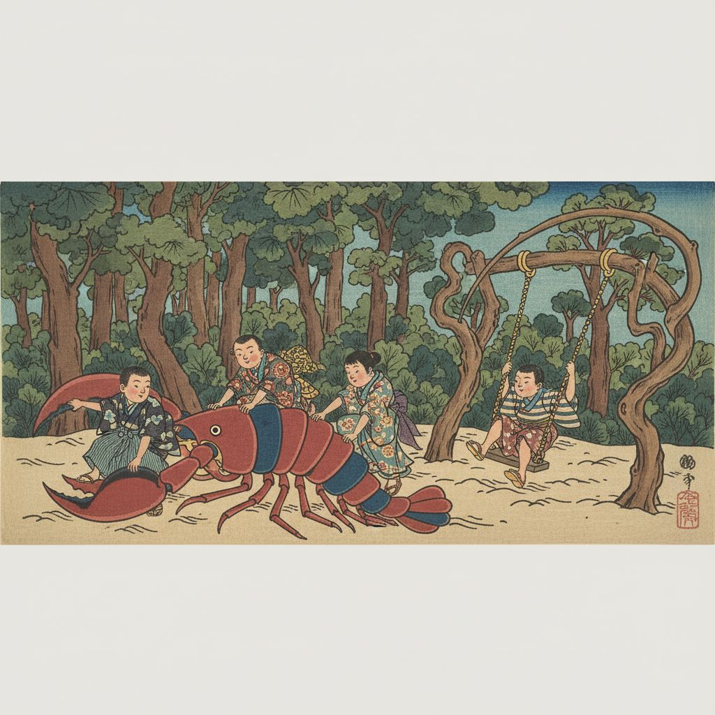 초등학생 아이 세 명이 놀이터에서 뛰어놀고 있는 모습, 주변에 나무가 많음, 크레파스화 스타일, 가로 긴 형태