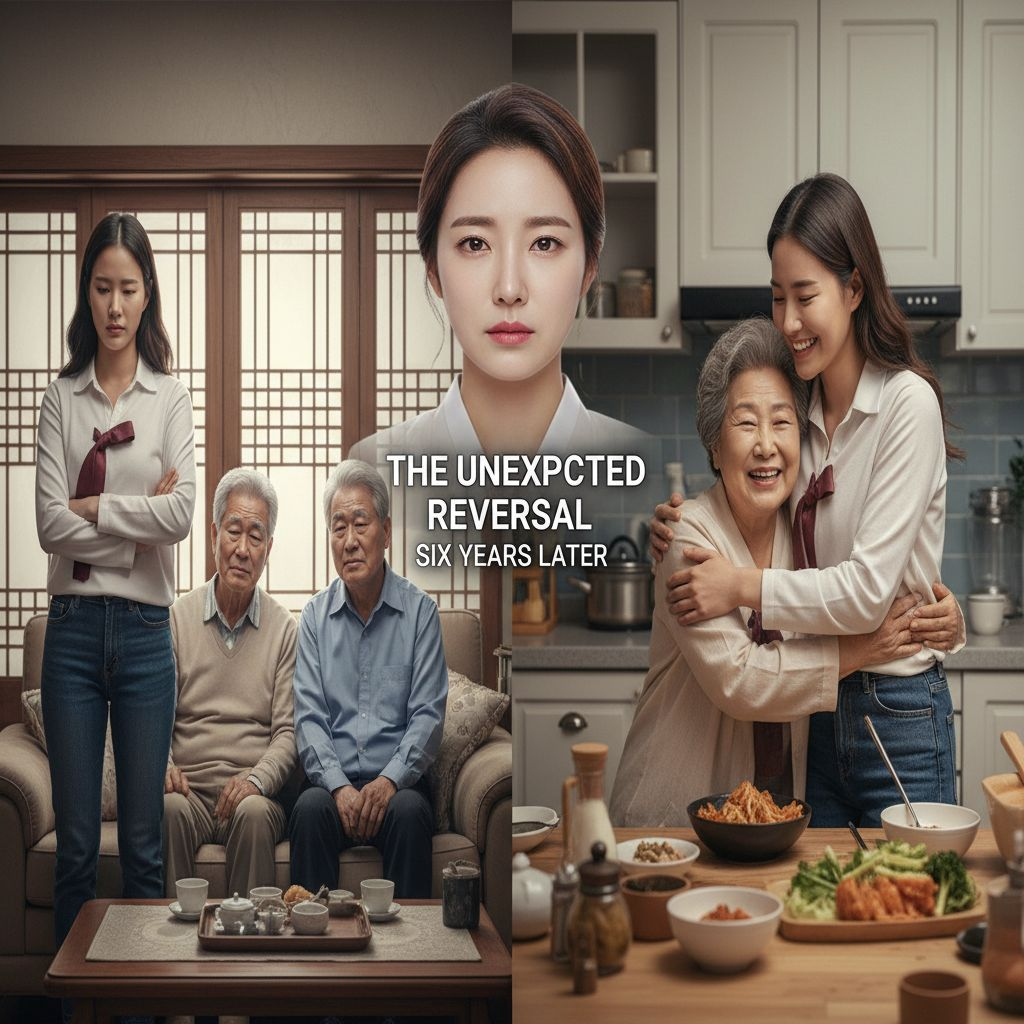 현실적인 스타일로, 한국 시댁을 거부하는 며느리와 친정엄마처럼 따뜻하게 대하는 며느리의 대비를 보여주는 장면, 6년 후의 반전이 느껴지는 감정이 담긴 여성 인물 중심 이미지