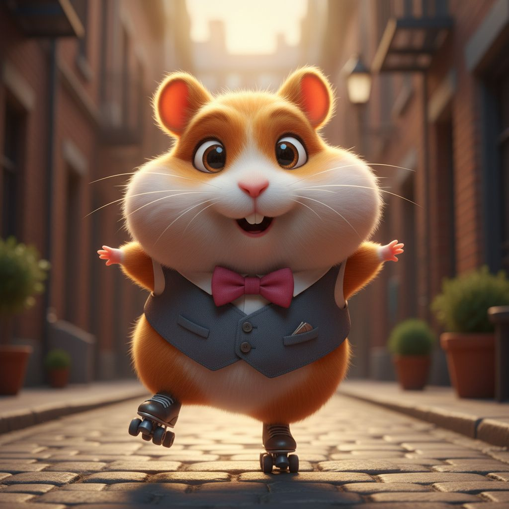 A 3D animated style adorable, plump hamster wearing a charming, slightly oversized bowtie and a dapper tiny vest, joyfully dancing on rollerblades. The hamster is in mid-motion, balancing on one tiny rollerblade with short, outstretched paws, showing pure