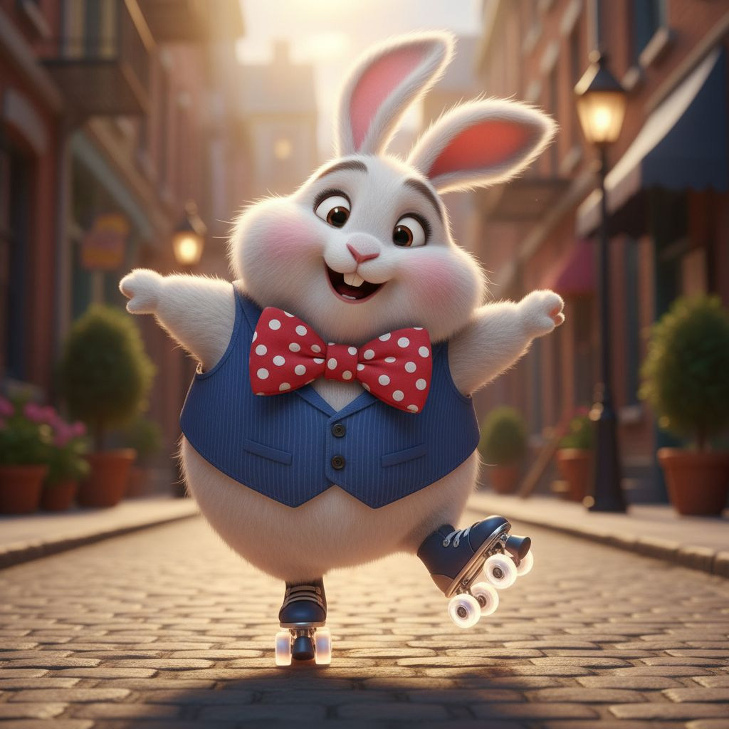 An adorable, plump, 3D animated-style bunny wearing a charming, slightly oversized bowtie and a dapper tiny vest, joyfully dancing on rollerblades. The bunny is in mid-motion, balancing with irresistible charm on one tiny rollerblade with its short, outst