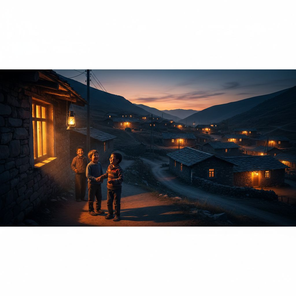 A rural village lighting up house by house at dusk, children smiling under warm lights — emotional, human-centered energy transformation, cinematic tone, 16:9, 8K