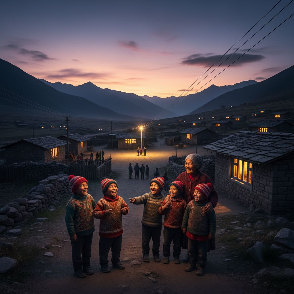 A rural village lighting up house by house at dusk, children smiling under warm lights — emotional, human-centered energy transformation, cinematic tone, 16:9, 8K