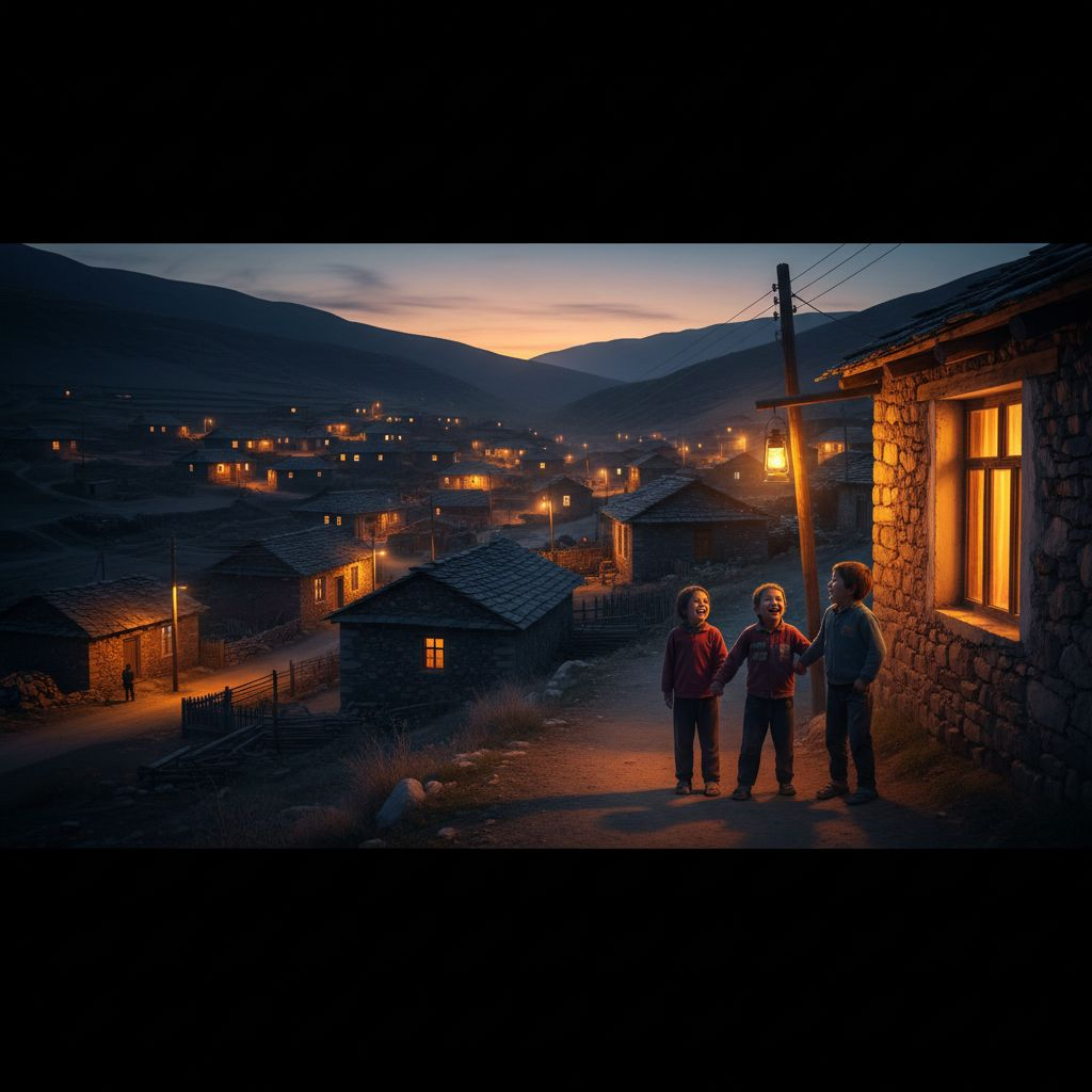 A rural village lighting up house by house at dusk, children smiling under warm lights — emotional, human-centered energy transformation, cinematic tone, 16:9, 8K