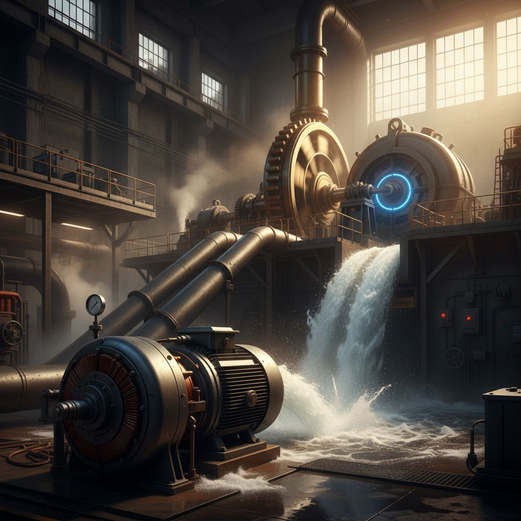 A detailed cinematic scene showing a pump pushing water upwards and a turbine spinning to generate energy, with dynamic water flow and mechanical elements, realistic style, warm lighting, 16:9 aspect ratio, 8K resolution