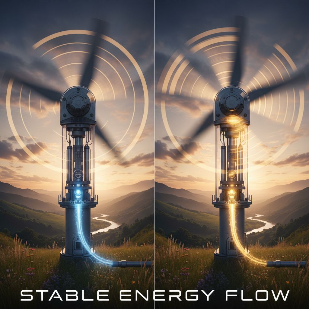 A turbine slowly stopping and then starting again, maintaining a stable flow of energy, cinematic style, detailed mechanical parts, natural background, 16:9, 8K