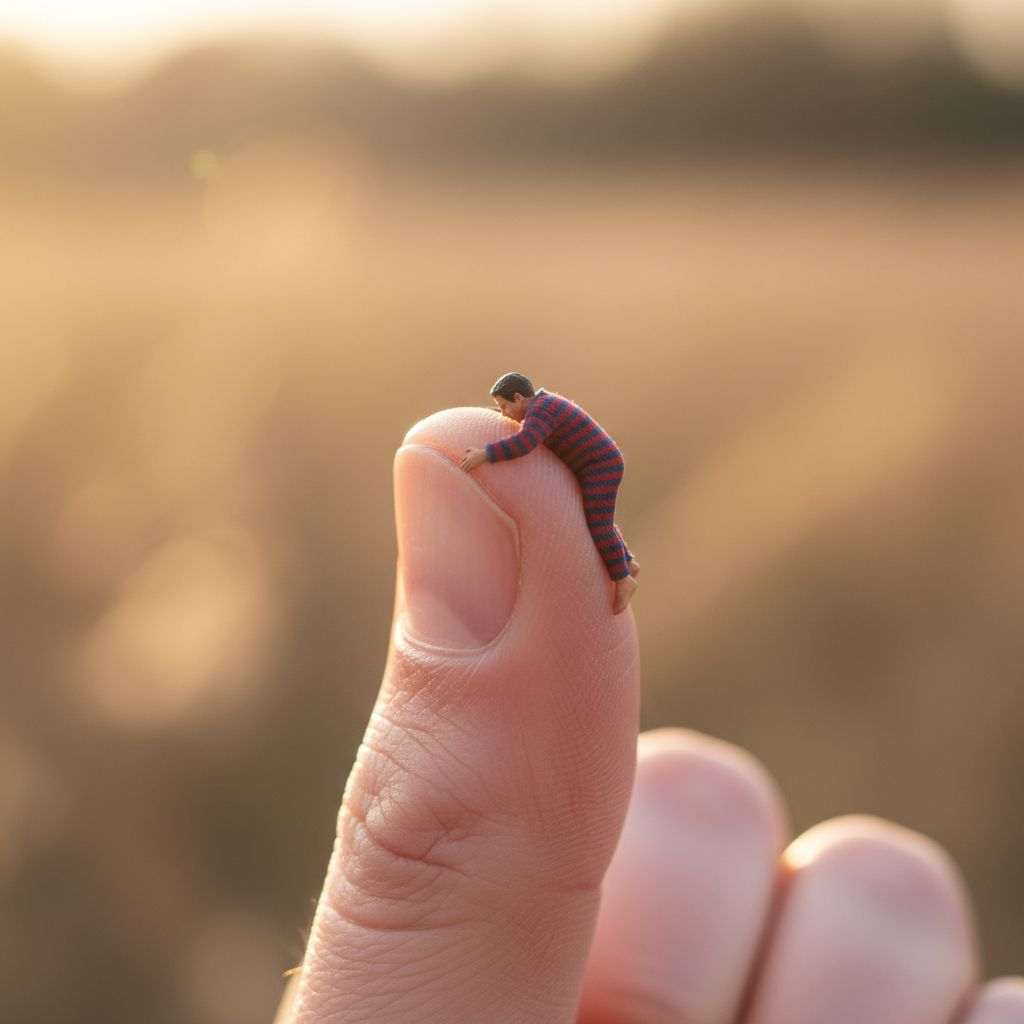 a highly detailed, photorealistic macro photograph of an incredibly tiny man scaled down to the size of a human thumb, affectionately hugging and clinging to the tip of a large adult thumb with his small arms wrapped around it, wearing cozy, fitted knit c