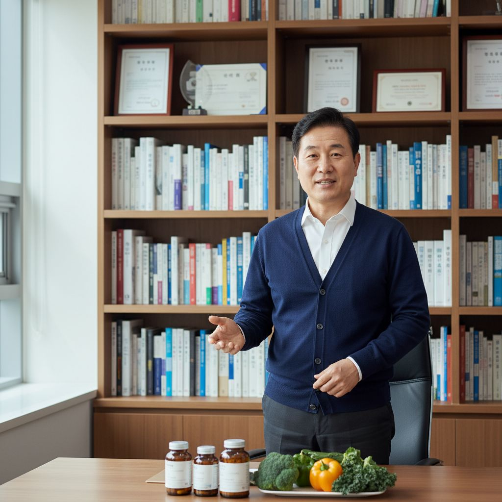 A distinguished Korean male health researcher in his early 50s, wearing a smart business casual outfit with a navy cardigan over a white shirt, standing in a modern research office with bookshelves filled with medical journals and health books in the back