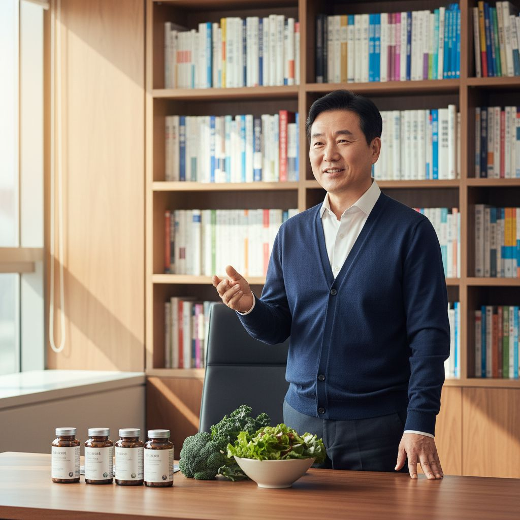 A distinguished Korean male health researcher in his early 50s, wearing a smart business casual outfit with a navy cardigan over a white shirt, standing in a modern research office with bookshelves filled with medical journals and health books in the back