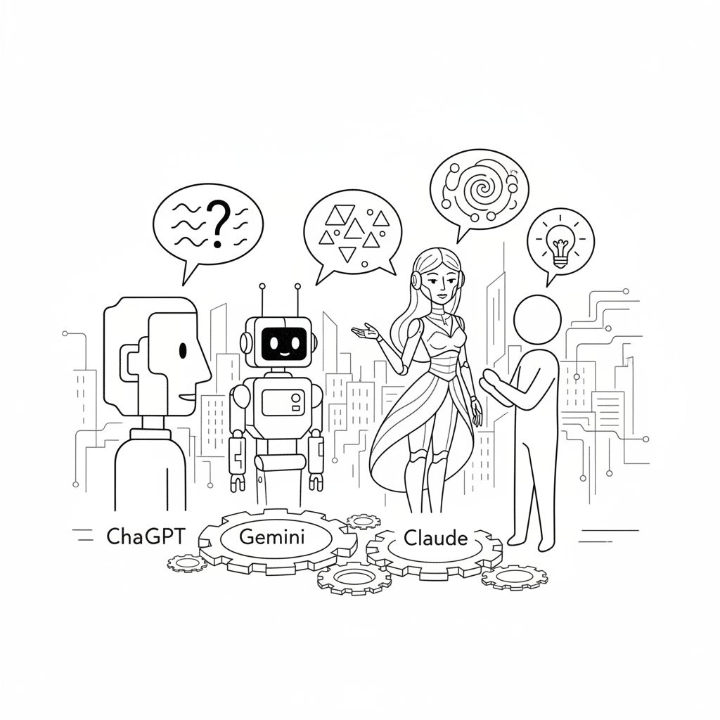 라인 드로잉 스타일로 사람, ChatGPT, Gemini, Claude 네 명이 좌담회를 하는 모습. Gemini는 귀에 안테나가 달린 로봇 형태이고 Claude는 여성 로봇 형태로 표현됨. 전체적으로 심플하고 깔끔한 선으로 그려진 장면.