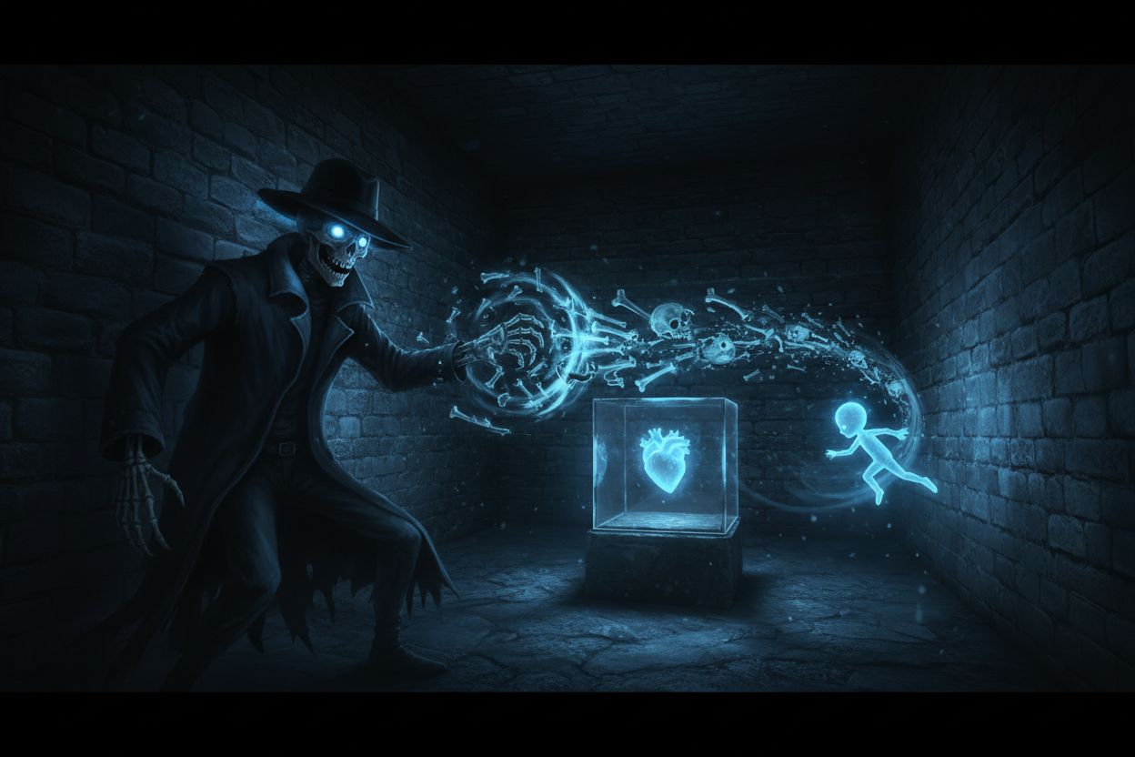 cinematic scene, photorealistic, dark fantasy. In a small, dark, claustrophobic room, a menacing, realistic skeleton wearing a black fedora grins maliciously. His right eye socket burns with an intense blue magical light. A small, terrified, glowing blue 