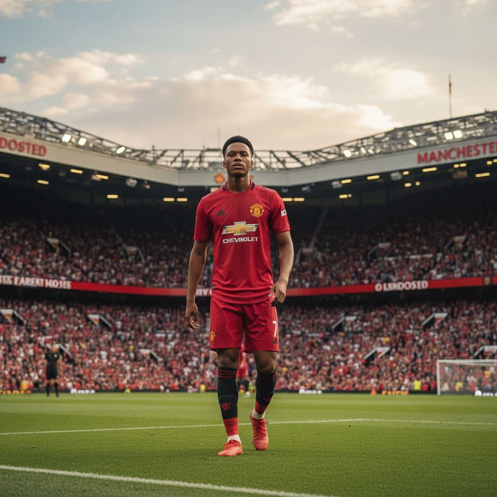 Show me in a good physique of a footballer in a Manchester united stadium
