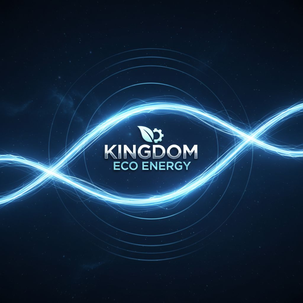 푸른 에너지 빛이 물결처럼 흐르며 중앙에 'Kingdom Eco Energy' 로고가 나타난다. 브랜딩 시네마틱 스타일, 퓨어 블루톤으로 깨끗하고 미래지향적인 느낌을 강조한다. 카메라는 로고를 중앙에서 서서히 확대하며 신뢰와 청정 에너지를 상징하는 분위기를 연출한다.