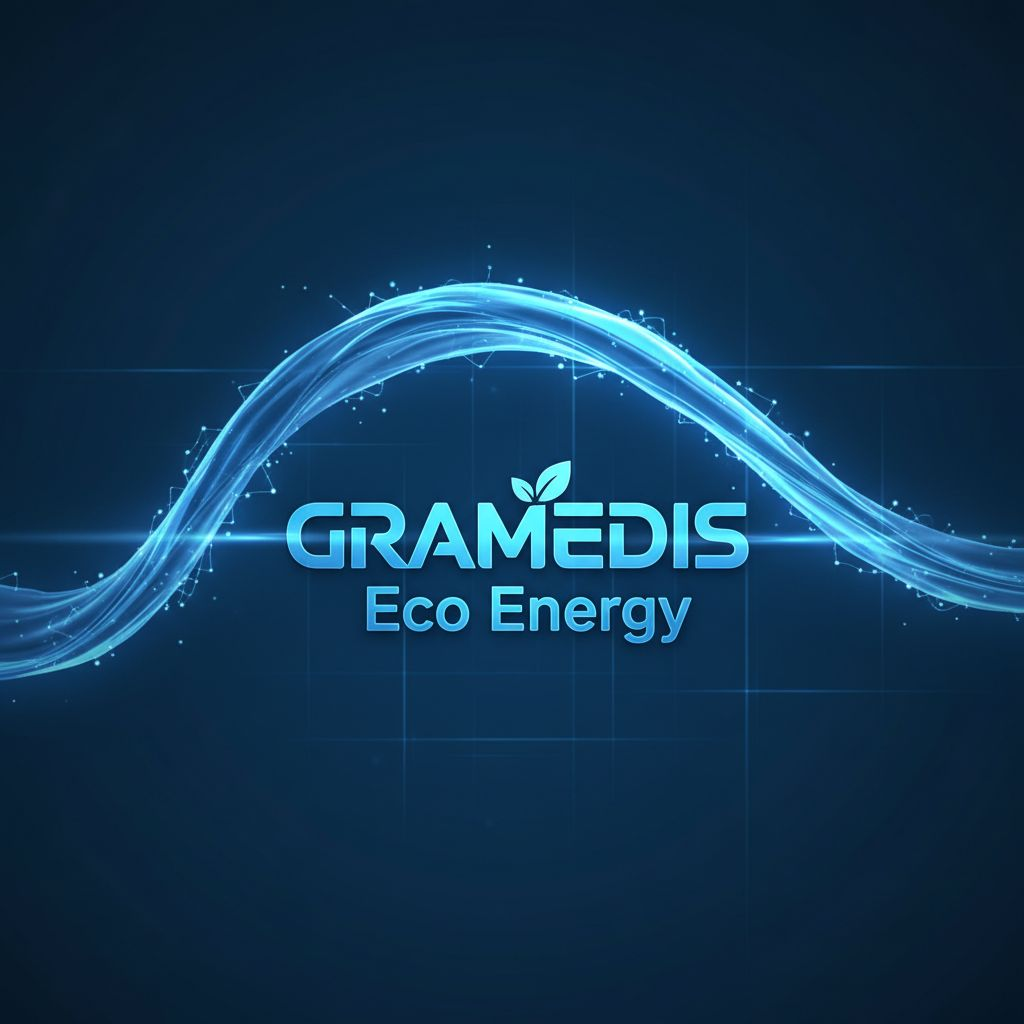 푸른 에너지 빛이 물결처럼 흐르다가 중앙에 'GRAMEDIS Eco Energy' 로고로 변환되는 장면, 브랜딩 시네마틱 스타일, 퓨어 블루톤, 중앙 집중형 구도, 미래적이고 신뢰감 있으며 깨끗한 분위기, 로고가 카메라 중앙으로 확대되는 연출