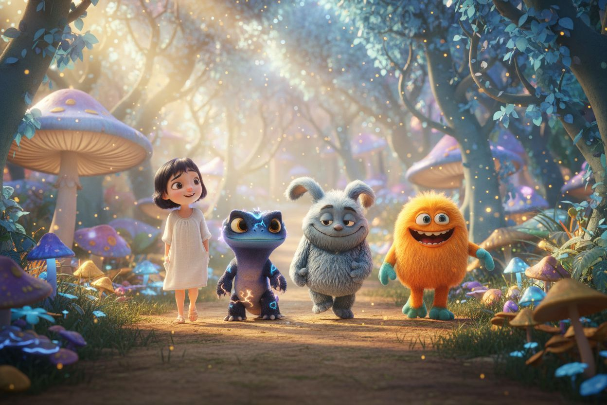 Four friends walking in a line through a bright fantasy forest — Yooni, a cheerful Korean girl in a white dress; Spark, a small blue electric lizard glowing with light patterns; Moongi, a fluffy sleepy blue bunny monster; and Jjori, a round orange furry m