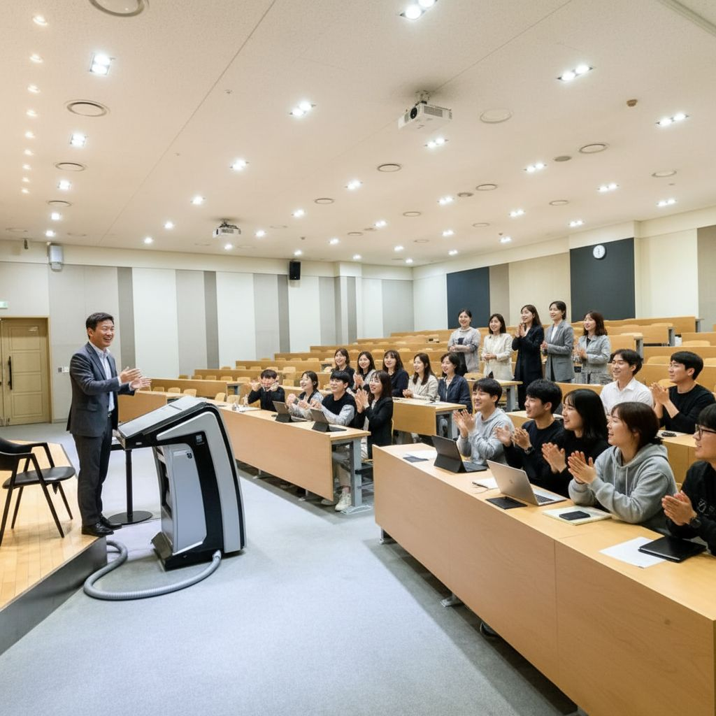 강단 앞쪽에 중년의 한국 남성이 세미 정장을 입고 강의 하는 모습 그려줘, 대학생들이나 직장인들 남녀노소가 가득한 강의실에서 강의 하는 모습, 모두 즐겁게 강의에 참여하는 모습