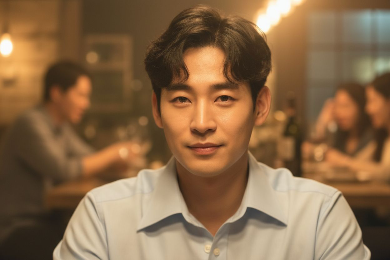 a close-up of a Korean man named Min-gyu sitting quietly at a restaurant table in the evening, wearing a light blue shirt.  
his expression is calm and introspective, with a faint gentle smile that reveals quiet thoughtfulness.  
warm golden lighting from