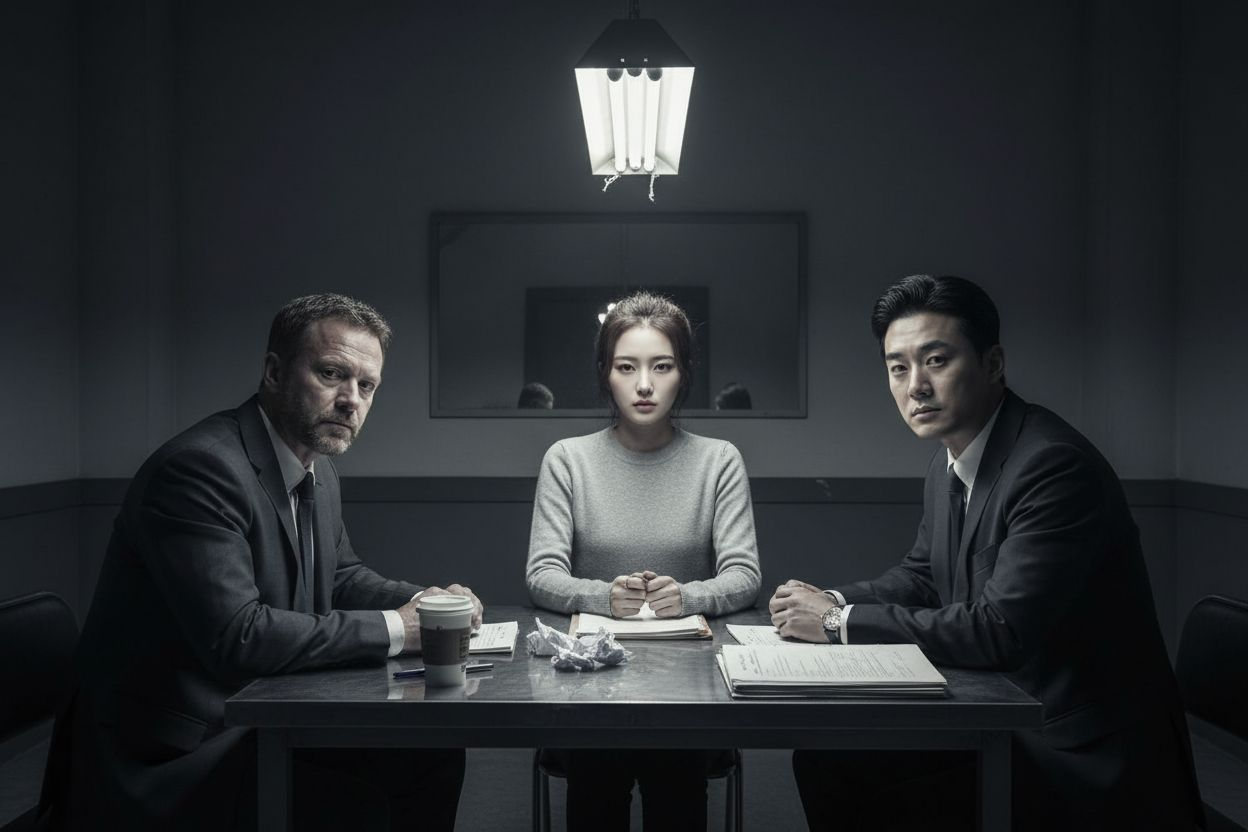 cinematic still, police interrogation room in cold gray tones, fluorescent light flickering above the metal table, two detectives sitting opposite a young Korean woman, emotionless expression, sitting upright under harsh overhead lighting, paperwork and p