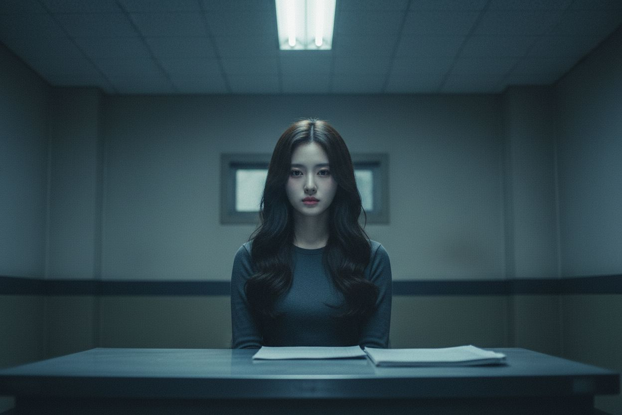 cinematic close-up of a young Korean woman sitting alone in a police interrogation room, under a single fluorescent light. her face is half-lit, showing slight tension in her eyes and lips. gray metal table in front of her, documents blurred in foreground
