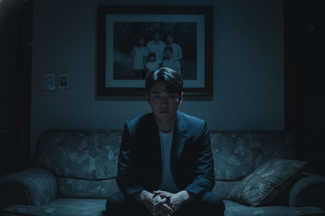cinematic wide shot of a young Korean man sitting alone on a sofa in a dimly lit living room at night, watching a flickering TV screen. the only light source is the cold bluish glow from the TV reflecting on his face. the room is mostly dark, with shadows