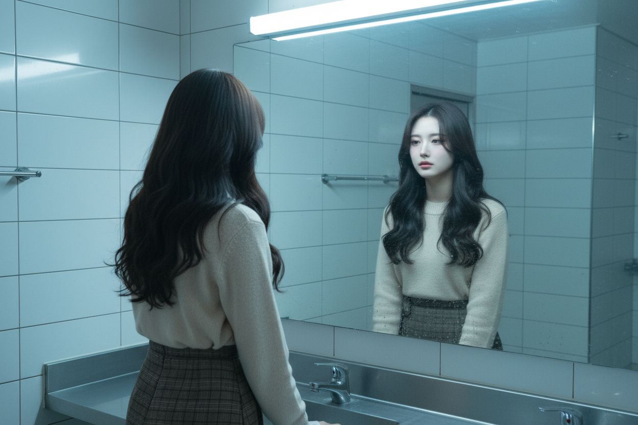 a cinematic shot of Lee Byorang, a young Korean woman standing alone in front of a large bathroom mirror,  
wearing a beige sweater and dark skirt, her expression blank and exhausted,  
fluorescent ceiling lights softly reflecting on the mirror, creating 