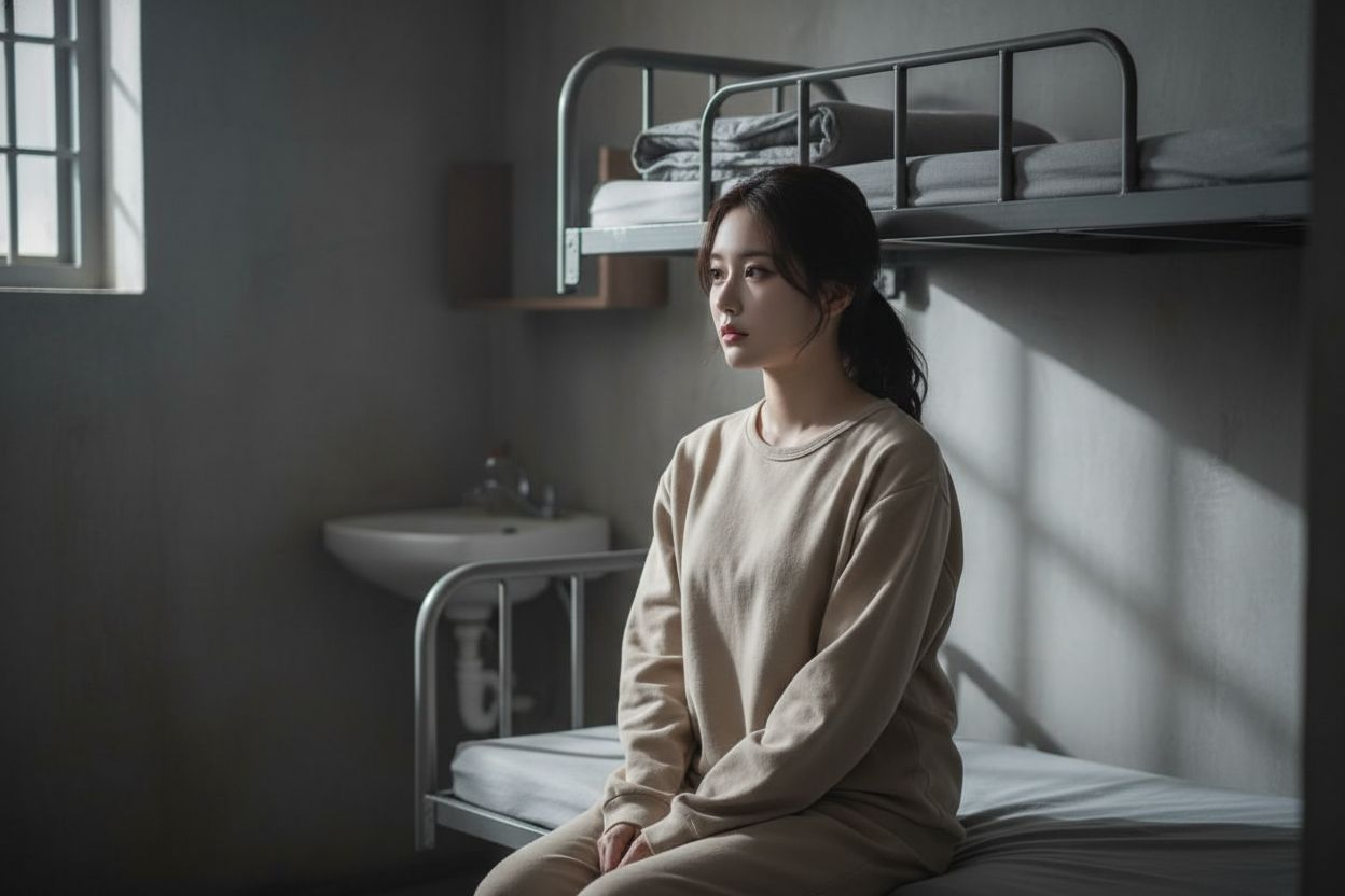 a cinematic shot of Lee Byorang, a young Korean woman wearing a beige prison uniform, 
sitting quietly on the lower bunk inside a small Korean prison cell, 
expression calm but distant, eyes slightly unfocused as if lost in thought, 
soft gray daylight fi