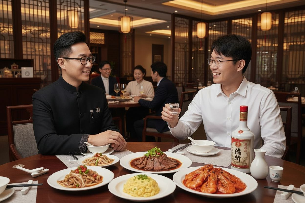 두 사람이 들고 있는 술잔과 컵을 없애주고 두 손은 가지런히 식탁위 올려놓아줘. 백주는 贵州茅台로 바꾸고 사람 수에 맞춰 술잔을 각각 세팅해줘.