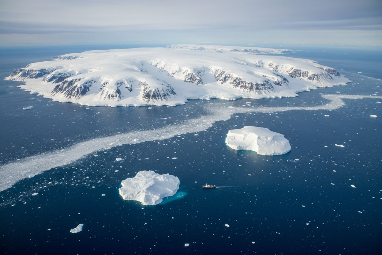 드론으로 촬영한 남극 바다로 둘러싸인 대륙 이미지를 생성해줘.