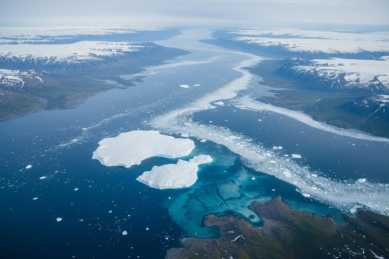드론으로 촬영한 대륙으로 둘러싸인 바다 (북극해) 이미지를 생성해줘.