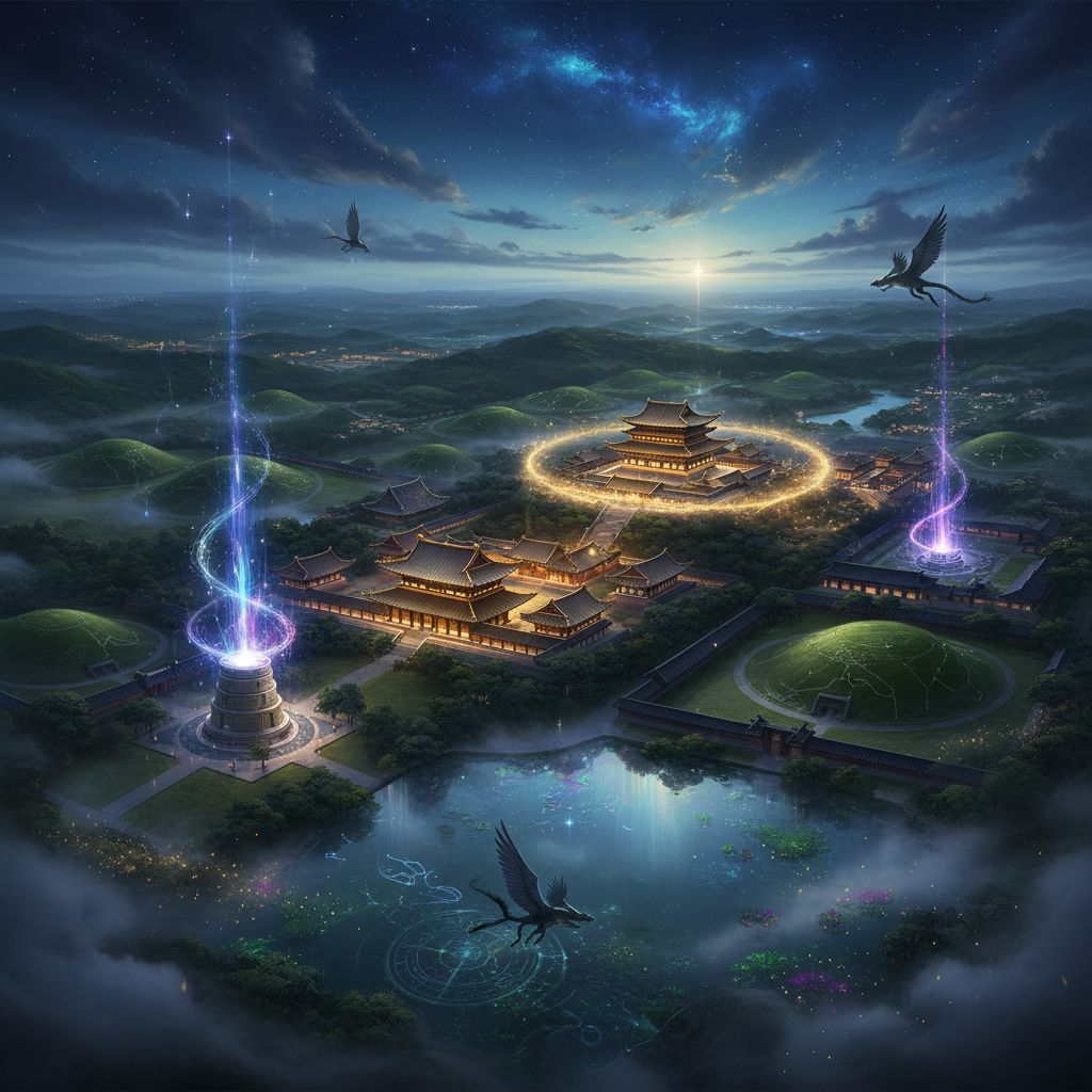 Epic fantasy aerial view of Gyeongju, ancient capital of the Silla dynasty, golden-roofed palaces and Bulguksa Temple glowing under a twilight sky, Cheomseongdae observatory radiating mystical light, mist rising over Anapji Pond, vast royal tombs shimmeri