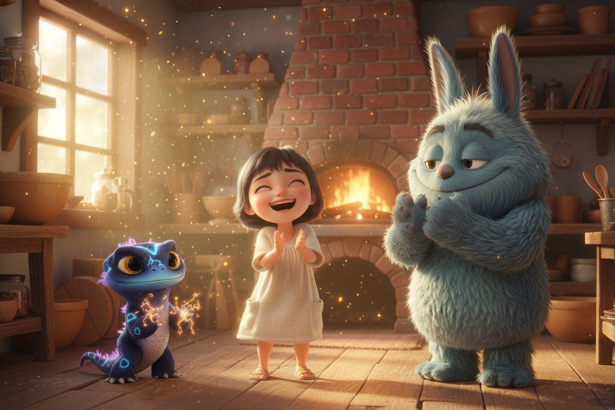 Spark, Moongi, and Yooni clapping joyfully inside a cozy monster village kitchen. Spark, a small blue electric lizard monster with glowing lightning patterns, claps with tiny sparks flickering around his hands. Moongi, a fluffy blue bunny-like monster wit