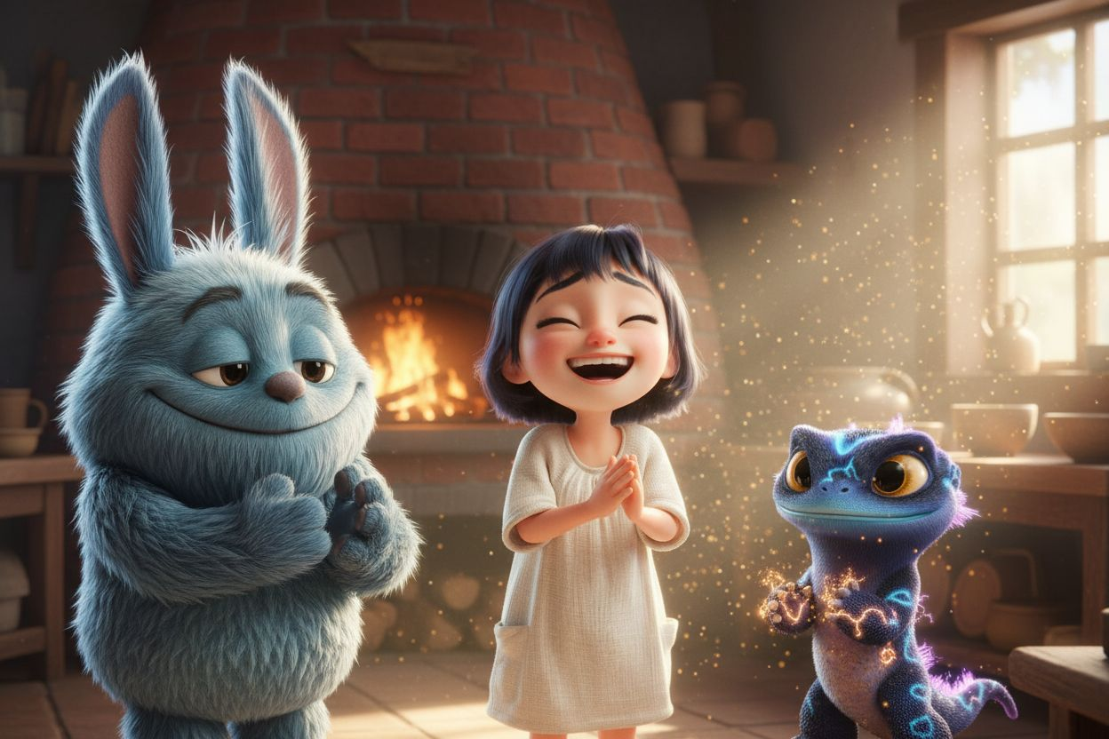 Spark, Moongi, and Yooni clapping joyfully inside a cozy monster village kitchen. Spark, a small blue electric lizard monster with glowing lightning patterns, claps with tiny sparks flickering around his hands. Moongi, a fluffy blue bunny-like monster wit