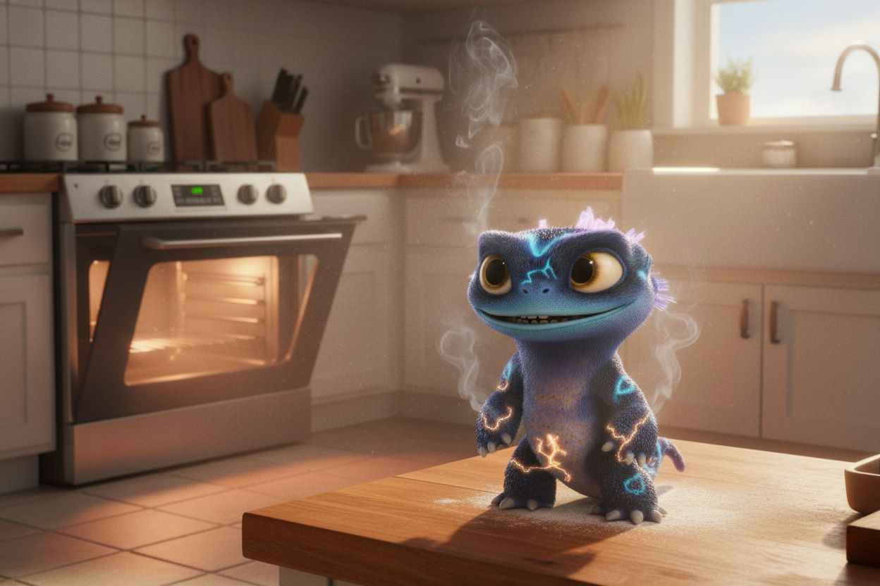 Spark, a small blue electric lizard monster with glowing lightning patterns, stands on a wooden counter in a cozy kitchen. A faint trail of smoke rises from his head and hands, and his fur is slightly singed but still glowing softly. His big yellow eyes l