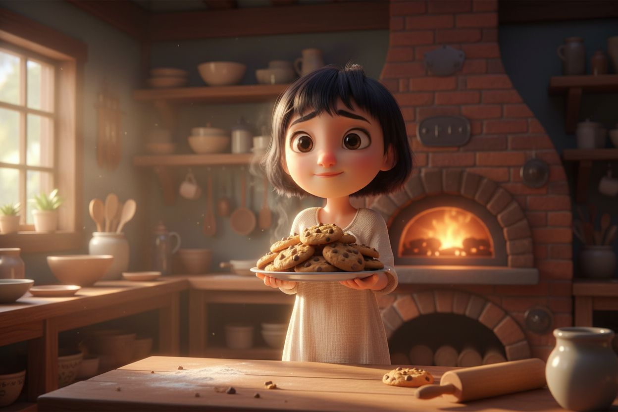 Yooni, a cute young Korean 3D animated girl with short black hair and warm brown eyes, stands inside the cozy Monster Village kitchen. She holds a plate of freshly baked cookies with both hands, smiling softly with pride and warmth. Sunlight pours through