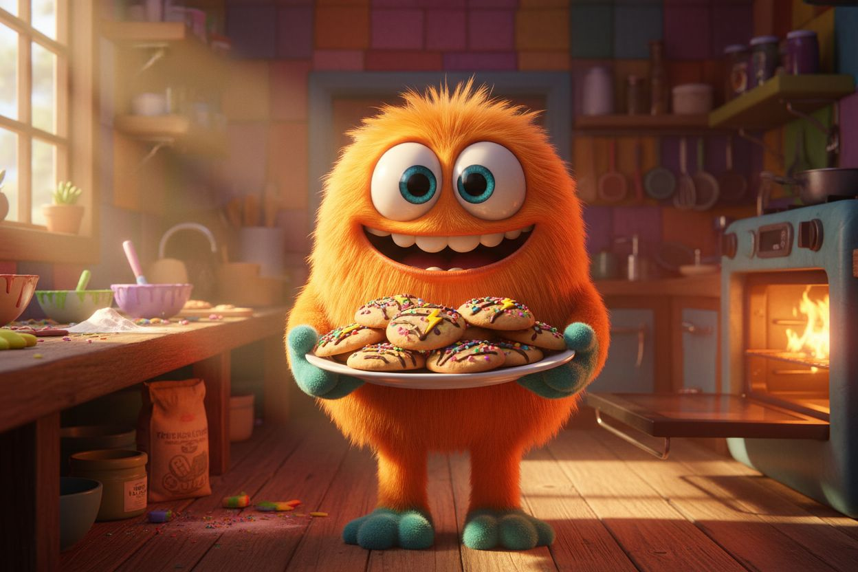 Jjori, a round orange furry monster with bright blue eyes and teal hands, stands proudly inside the cozy Monster Village kitchen. He holds up a plate piled high with freshly baked cookies decorated with colorful toppings and little lightning-shaped chocol