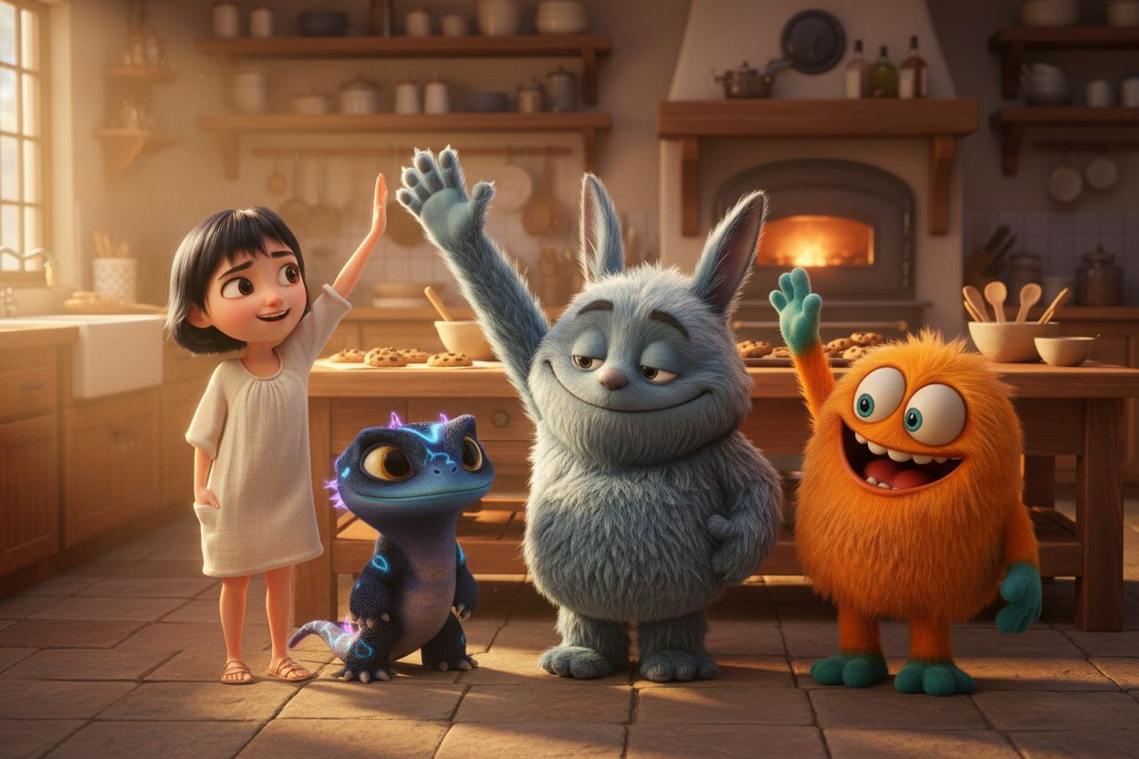 Yooni, a cute young Korean 3D animated girl with short black hair and warm brown eyes, stands smiling proudly with her three monster friends — Spark, a small blue electric lizard with glowing lightning patterns; Moongi, a fluffy blue bunny-like monster wi
