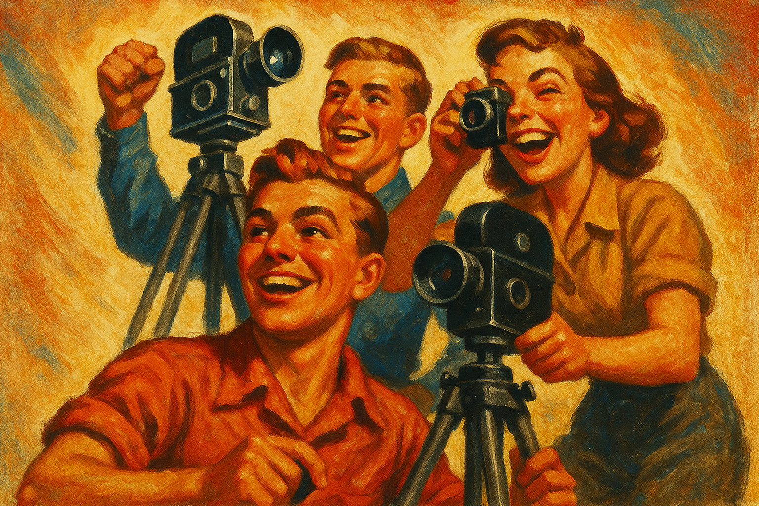 vintage propaganda parody poster, cheerful young creators with cameras and tripods, exaggerated heroic pose, cartoonish expressions, warm colors