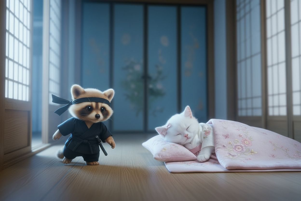 Ultra-hyperrealistic cinematic photograph of baby raccoon ninja Curi quietly sneaking from behind into a noble Joseon-era bedroom at night,  
under bright daylight-balanced LED lighting (5200K) — clear, clean, and softly glowing.  
Curi is walking on tipt