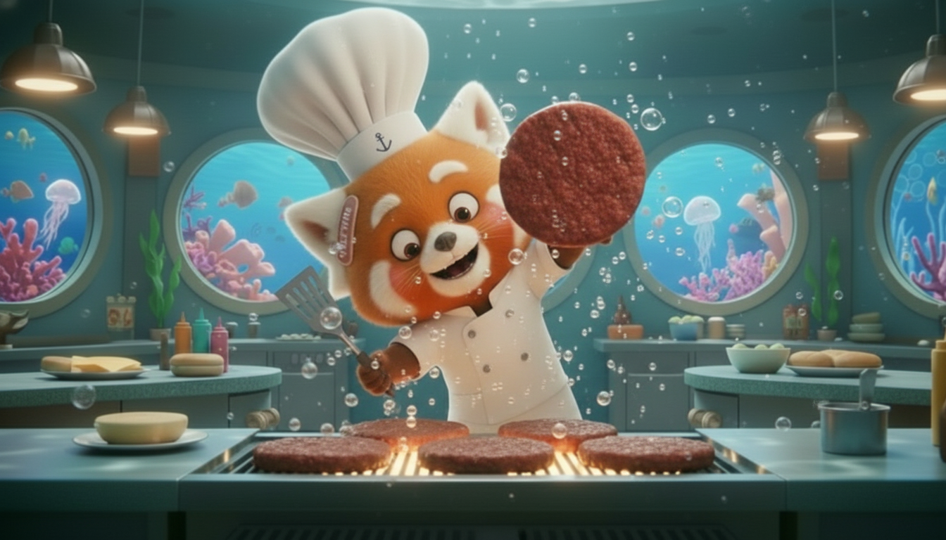 Pixar-style 3D animated Foodie flipping a juicy burger patty high in the air using a metal spatula.
Slow-motion effect as the patty spins mid-air, with bubbles swirling around it.
Underwater physics emphasized, glowing highlights on the patty.
Foodie conf