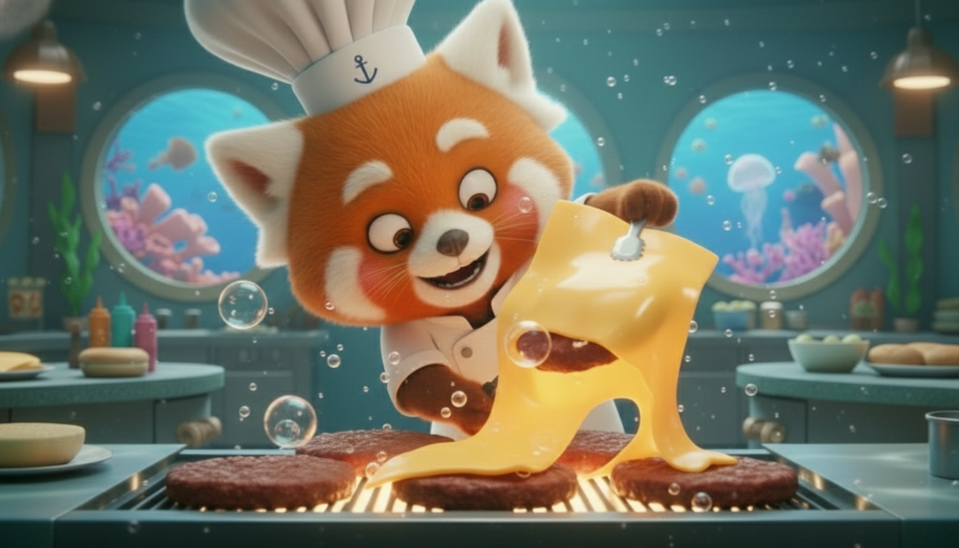 Pixar-style 3D animated Foodie placing a slice of cheese onto the hot burger patty underwater.
Cheese slowly melts and drapes over the patty, with soft bubbles floating upward instead of steam.
Warm yellow cheese contrast against cool blue underwater ligh