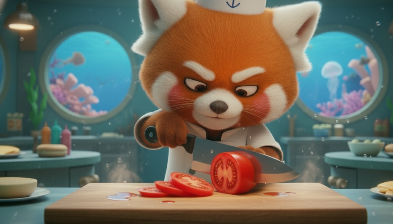 Pixar-style 3D animated Foodie slicing a fresh red tomato on a wooden cutting board in an underwater kitchen.
Foodie uses a sharp kitchen knife, carefully cutting the tomato into even, juicy slices.
Each slice falls gently onto the board, with tomato juic