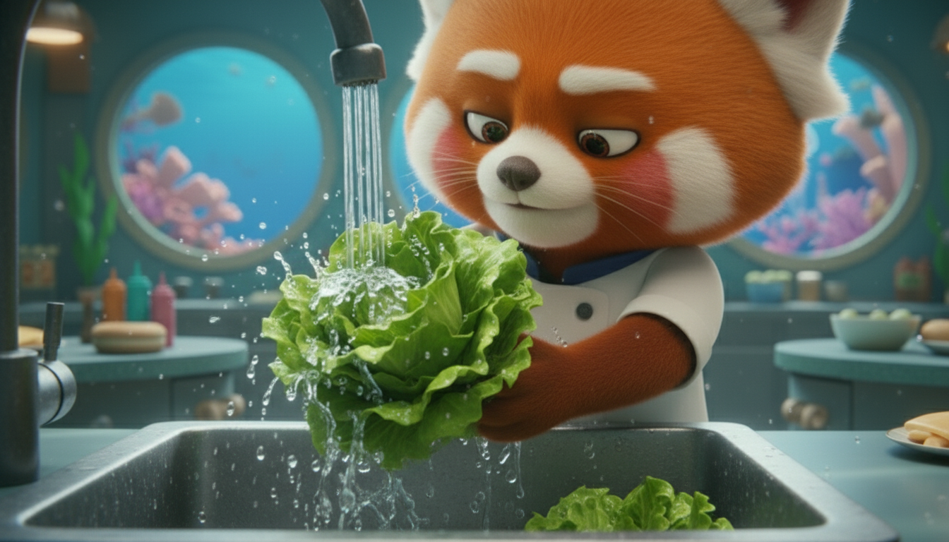 Pixar-style 3D animated Foodie washing fresh green lettuce under running water at a sink in an underwater kitchen.
Clear water flows over the lettuce leaves, washing away small droplets and dirt.
Water splashes naturally as Foodie gently shakes and rinses