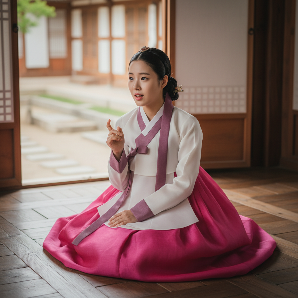 Ultra-realistic cinematic photo of a Korean woman in traditional Joseon royal hanbok sitting or kneeling on the wooden floor of a daecheong maru veranda. She wears a white jeogori with a pink-purple collar, a long pink chima skirt, and has a purple ribbon