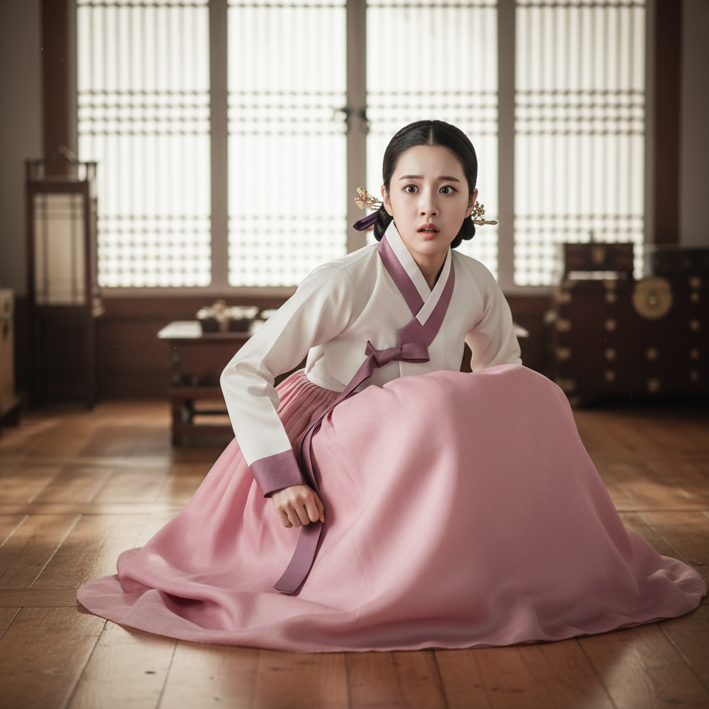 Ultra-realistic cinematic photo of a young Joseon princess in a traditional palace room. The girl wears a white jeogori with a pink-purple collar, a long pink skirt, and a purple ribbon in her hair. She has an anxious, worried expression with wide, surpri