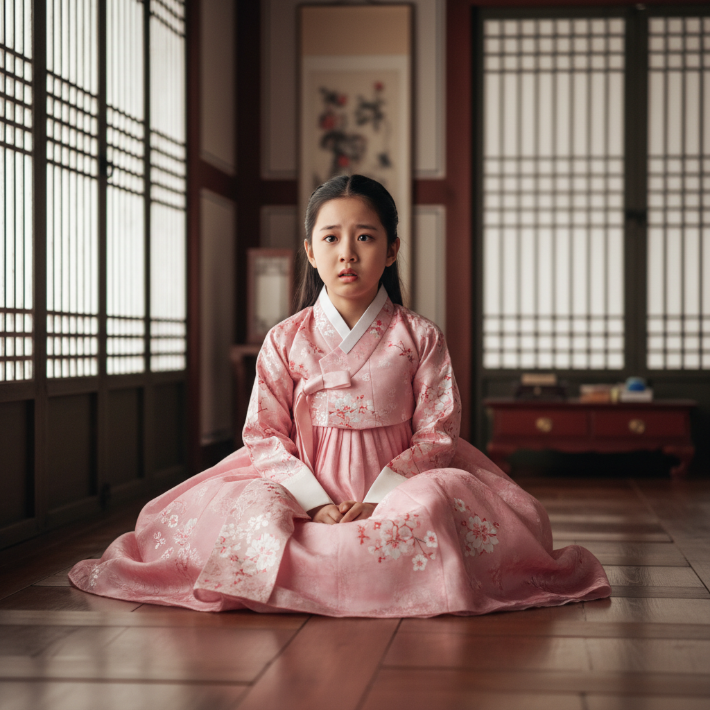 Ultra-realistic cinematic photo of a young Korean girl in traditional pink hanbok sitting on the wooden floor of a palace room. She has a worried expression with wide eyes and a surprised look. The scene is illuminated by soft natural lighting, emphasizin