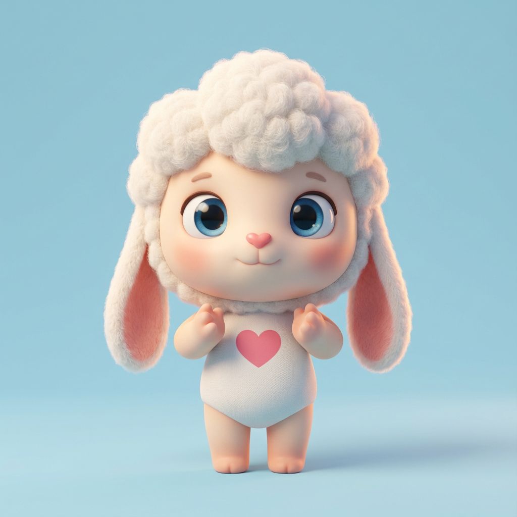 A cute mascot character redesigned in The Monsters universe, Pixar-quality 3D animation style.
A small lamb-inspired creature with fluffy white wool hair, rounded head, big expressive blue eyes, tiny pink heart-shaped nose, soft blush cheeks.
Long floppy 