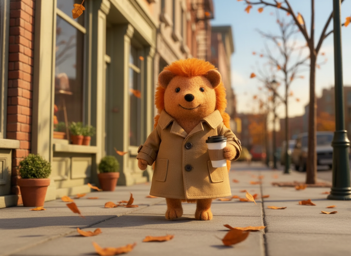 테이크아웃 뜨거운 커피를 들고 가을 도시를 횡보하는 davie. 트렌치코트를 입고 있다.