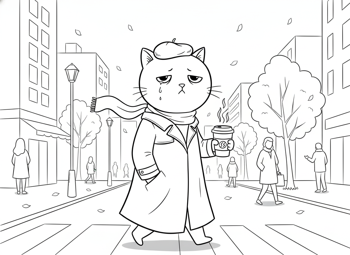 테이크아웃 뜨거운 커피를 들고 가을 도시를 횡보하는 mr.simon. 트렌치코트를 입고 있다.