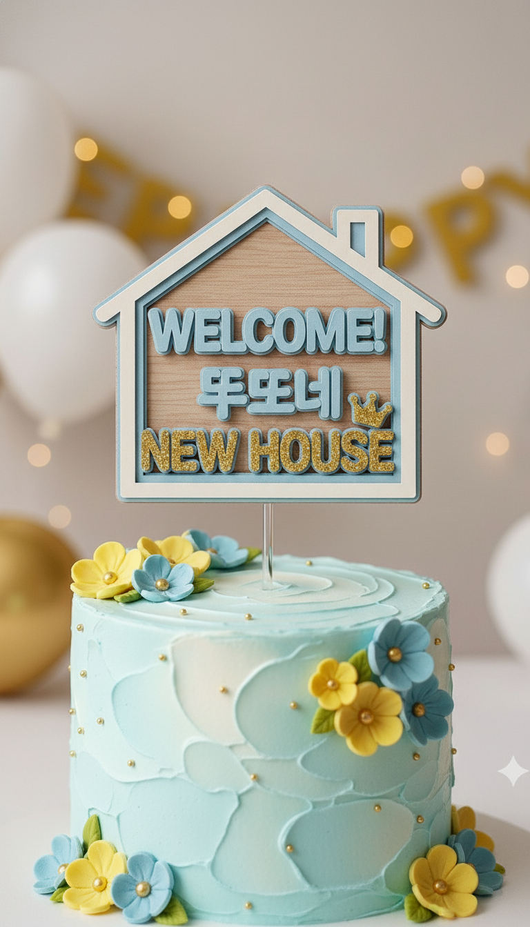 A realistic cake topper shaped like a house.
The topper has printed text, not handwritten.

Text on the topper:
"WELCOME!
또또네
NEW HOUSE"

clean printed typography,
vector-style lettering,
embossed solid letters,
high contrast text,
perfect spelling,
sharp