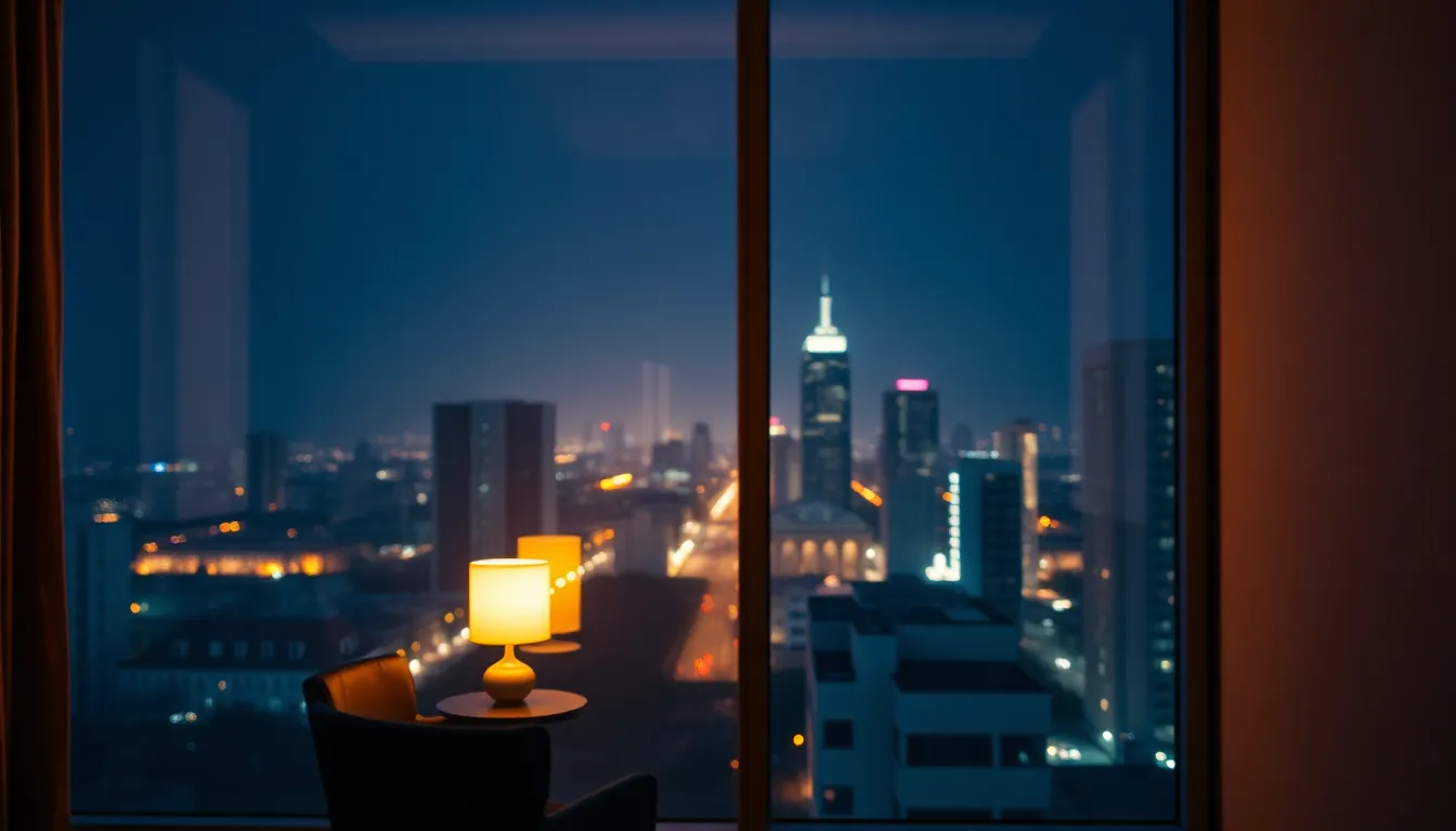 A modern quiet city at night seen through a large window,
no people, no silhouettes,
soft warm indoor lighting with a single table lamp,
minimal interior with a chair and table,
city lights outside slightly blurred,
calm, elegant, contemporary mood,
clean