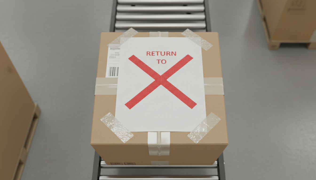 반송될 택배상자야. 반송됨을 알 수 있게 엑스표가 쳐진 종이를 박스 위에 붙여줘